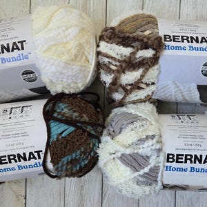May include: Six skeins of Bernat Home Bundle yarn in various colors. The skeins are labeled with the brand name and product details. Colors include cream, brown, gray, and teal. Each skein weighs 8.8 oz / 250g.