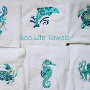 Sea Life Towel,Sea Horse,Sea Turtle,Octopus,Bath Towel,Lobster,Crab, Dolphin Embroidered Bath Towels,Sea Life Towels,Ocean Theme Bath Towel