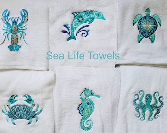 Sea Life Towel,Sea Horse,Sea Turtle,Octopus,Bath Towel,Lobster,Crab, Dolphin Embroidered Bath Towels,Sea Life Towels,Ocean Theme Bath Towel