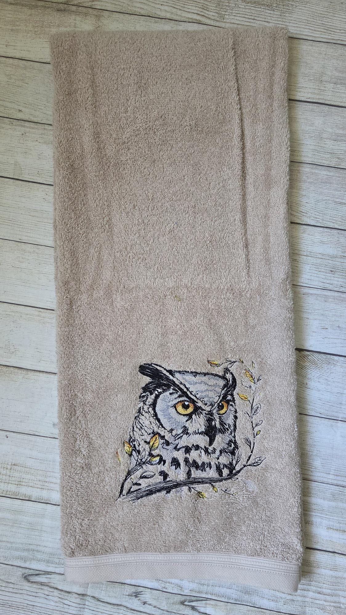 Owl Embroidered Bath or Hand Towel, Autumn Horned Owl Towels, Personalized Gift