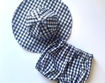 Baby Gift Set - Gift Ideas for Baby Girl - Gingham Baby Outfit - Bloomer Shorts and Sunhat - Summer Outfit Set - Matching Outfit