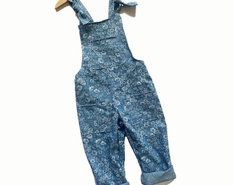Childrens Dungarees - Floral Denim Dungarees-  Kids Toddler Dungarees - Floral Denim Overalls - Handmade Dungarees for Children