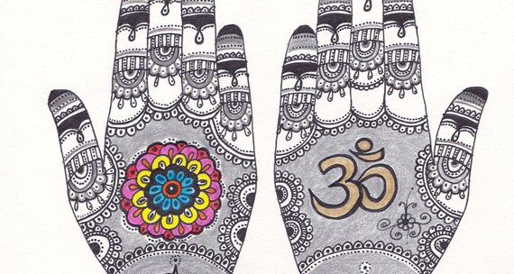 Impression De Télécharger Mehndi Mains Om Signe Henné Main Dessin Ethnique Art Impression Dart Indien Decor Yoga Chambre Mur Décor Indien Dessin