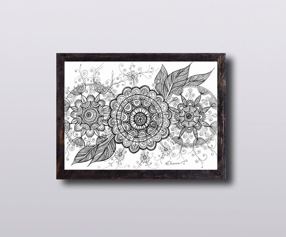 Abstract Ethnic Art Mandala Flowers Drawing Zentangle Paisley Art PRINT Picture art work Black \u0026 White Illustration Yoga studio decor gift