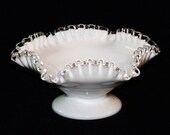 Vintage Medium Fenton Silver Crested White Milk Glass Centerpiece Ruffle Compote Bowl Featuring Classical Fenton Design