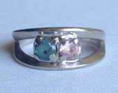 Vintage 10k White Gold Faceted Pink Blue Duel Gemstone Designer Ring Featuring Open Arched Design