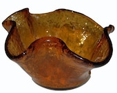 Heavy Vintage Burnt Orange Crackle Glass Styled Ruffle Centerpiece Bowl Featuring Molten Style Textured Finish