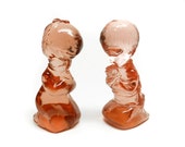 Vintage Boy Girl Bedside Prayer Fenton Art Glass Complimentary Figurines Featuring Translucent Salmon Colored Glass