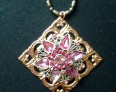 Vintage Rose Pink Rhinestone Designer Gold Silver Tone Pendant Featuring Large Teardrop Stones With Royal Design