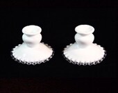 Vintage Fenton Silver Crested White Milk Glass Candle Holder Set Featuring Clear Ruffled Design