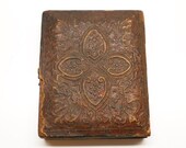 Antique 19th Century Tooled Leather Copper Travel Folding Daguerreotype Photo Frame Featuring Delicate Brass Latching Hardware