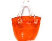 Vintage Hand Blown Eclectic Orange Art Glass Purse Basket Featuring Clear Double Handled Glass Design