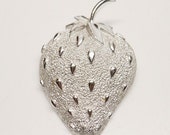 Vintage Designer Sarah Coventry White Albino Styled Strawberry Brooch Featuring Platinum Style Setting and Textured Finish
