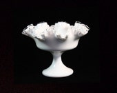 Vintage Fenton Silver Crested White Milk Glass Compote Featuring Classical Ruffled Fan Design