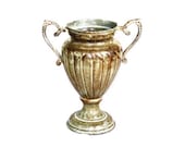 Vintage Galvanized Old Weathered Double Handle Decorative Floral Vase Featuring Antiqued White Wash Style Finish