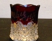 Antique 1916 Heisey Ruby Red Crystal Etched Glass Toothpick Holder Featuring Hand Painted Alice Monograming Design