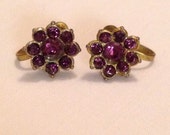 Vintage Gold Tome Amethyst Rhinestone French Post Earrings Featuring Petite Daisy Flower Style Design