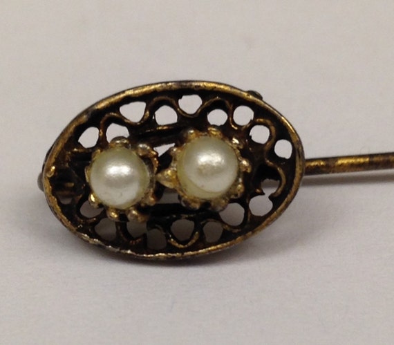 Vintage Bronze Tone Pearl Set Ladies Victorian St… - image 1