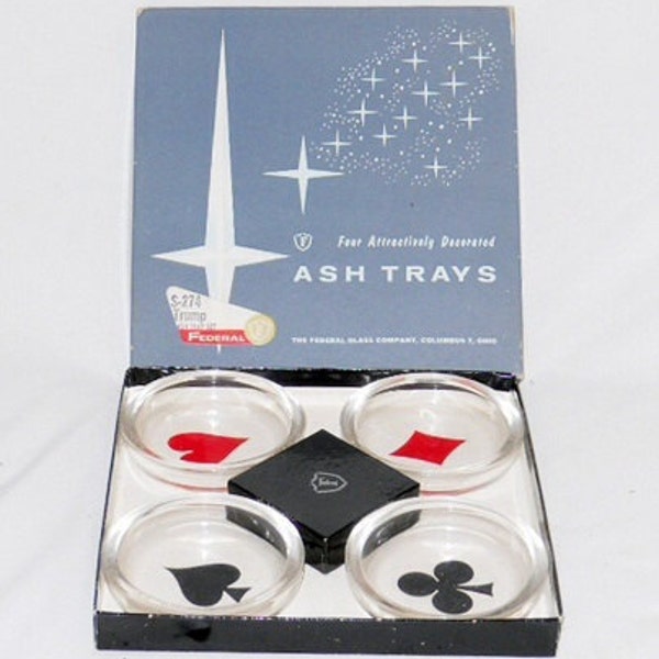 Vintage Vegas Inspired Federal Glass Company Ashtray Collectors Set Featuring Clubs, Diamonds, Spades & Hearts in Original Packaging