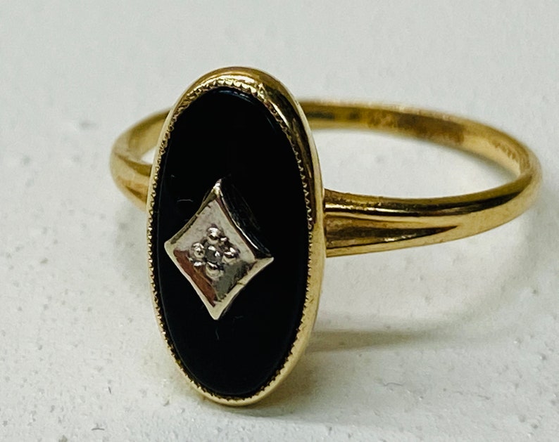 Vintage 10k Gold Diamond Center Black Onyx Cocktail Ring Etsy