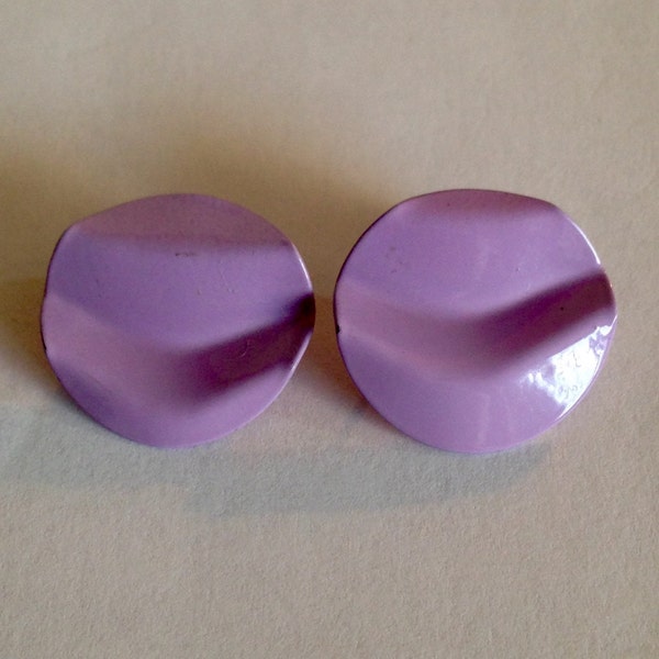 Beautiful Vintage Artistic Mid Century Modern Lavender Purple Designer Pierced Earrings Featuring Bent Coin Style Design