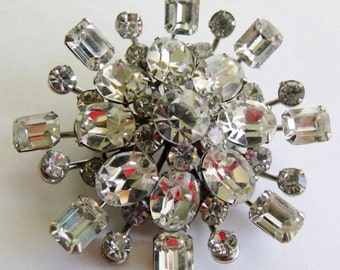 Vintage Diamond Inspired Rhinestone Starburst Oversized Ladies Brooch Featuring Unique Oval and Baguette Prong Set Stones