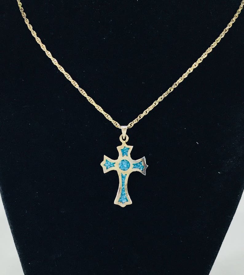 Vintage Sterling Silver Turquoise Inlaid Cross Pendant With Sterling ...