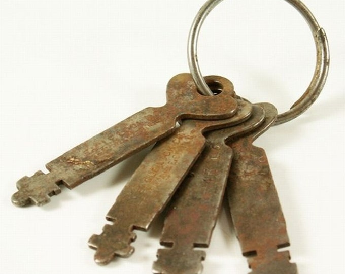 Collection of Four Matching Antique Flat Keys Used for Padlocks, Trunks