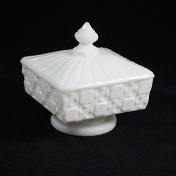 Vintage Cambridge Milky White Glass Covered Candy Dish Featuring Delicate Patterned Design And Ornamental Finial Lid