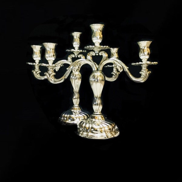 Antique Danish Carl F. Christiansen Edwardian Style Three Arm Silver Candelabra Set Featuring Intricately Detailed Designs