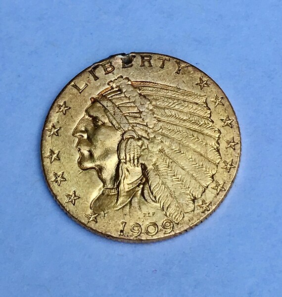 Rare Solid 22k Gold 1909 Indian Head Quarter Eagle American Coin Featuring Bald Eagle Reverse Design With Recessed Finish