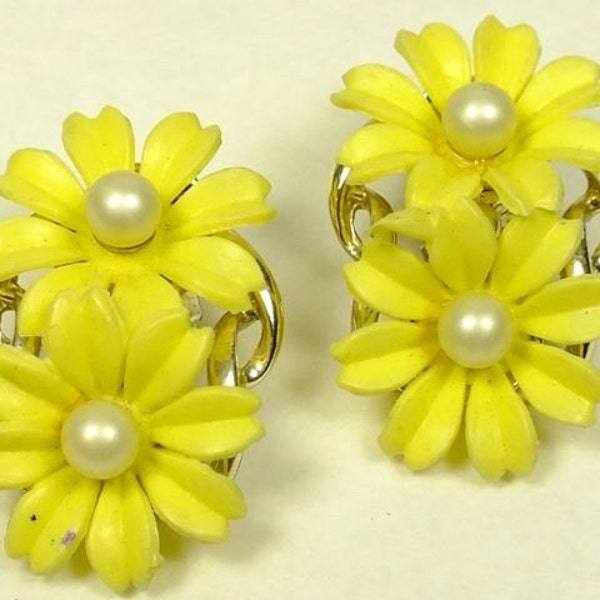 Beautiful Vintage Yellow Double Daisy Floral Earrings Featuring Large Cream Center Pearl and Gold Tone Scroll Trim