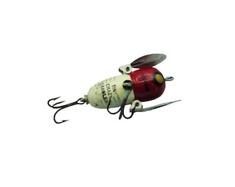 Antique Double Hook Heddon Wooden Tiny Crazy Crawler Fishing Lure Featuring  Original Red & White Hand Painted Design 