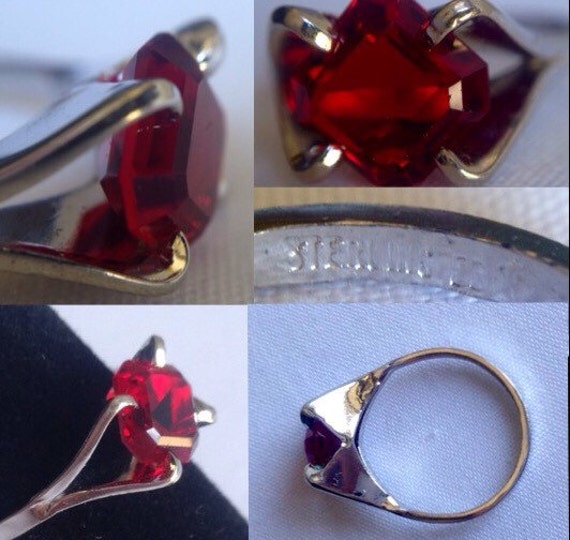 Vintage Sterling Silver Ruby Red Faceted Solitair… - image 5