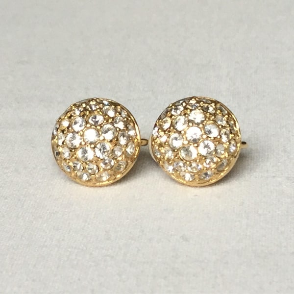 Vintage Gold Tone Clear Swarovski Crystal Set Designer Earrings Featuring Elegant Dome Style Design