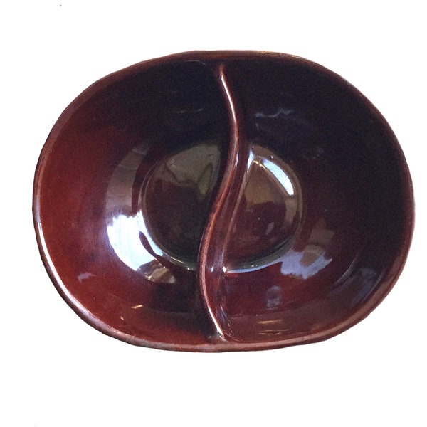 Vintage Maroon Fire Glazed Stoneware Divided Centerpiece Nut Bowl - Tray Featuring Elegant Mid Century Design