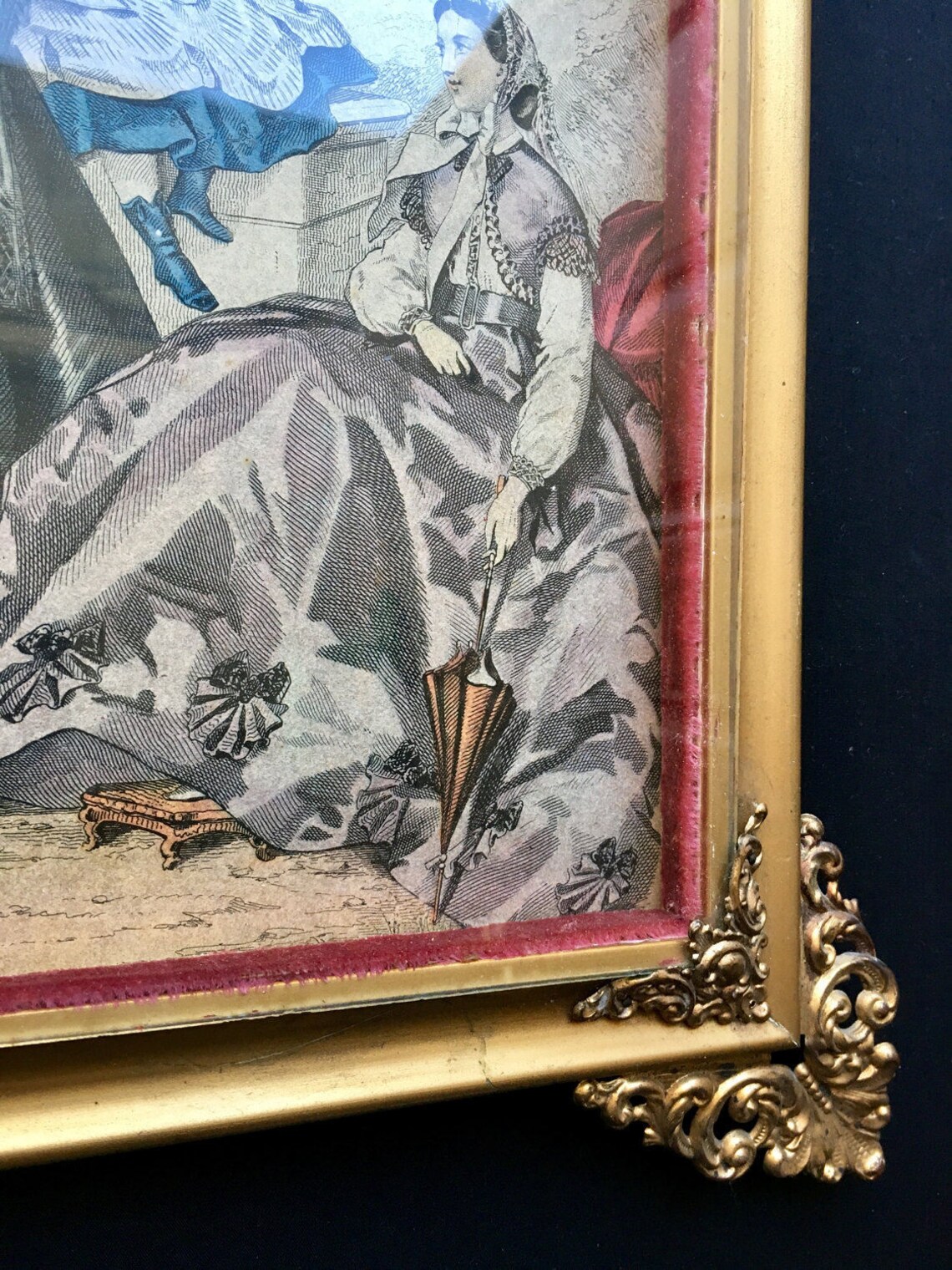 Antique Ladies Victorian Lithograph Print Featuring Velvet Lined Gold