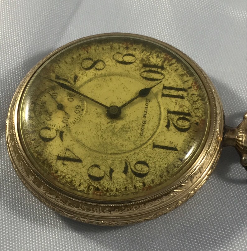Antique 1928 Gold Tone South Bend Railroad Pocket Watch Featuring