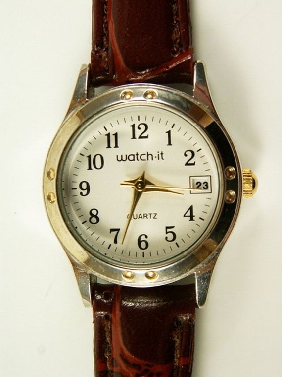 Lovely Vintage Ladies Watch it Branded Quartz Silver Gold Tone White Dial Watch Featring Date Window and Textured Brown Leather Band Etsy