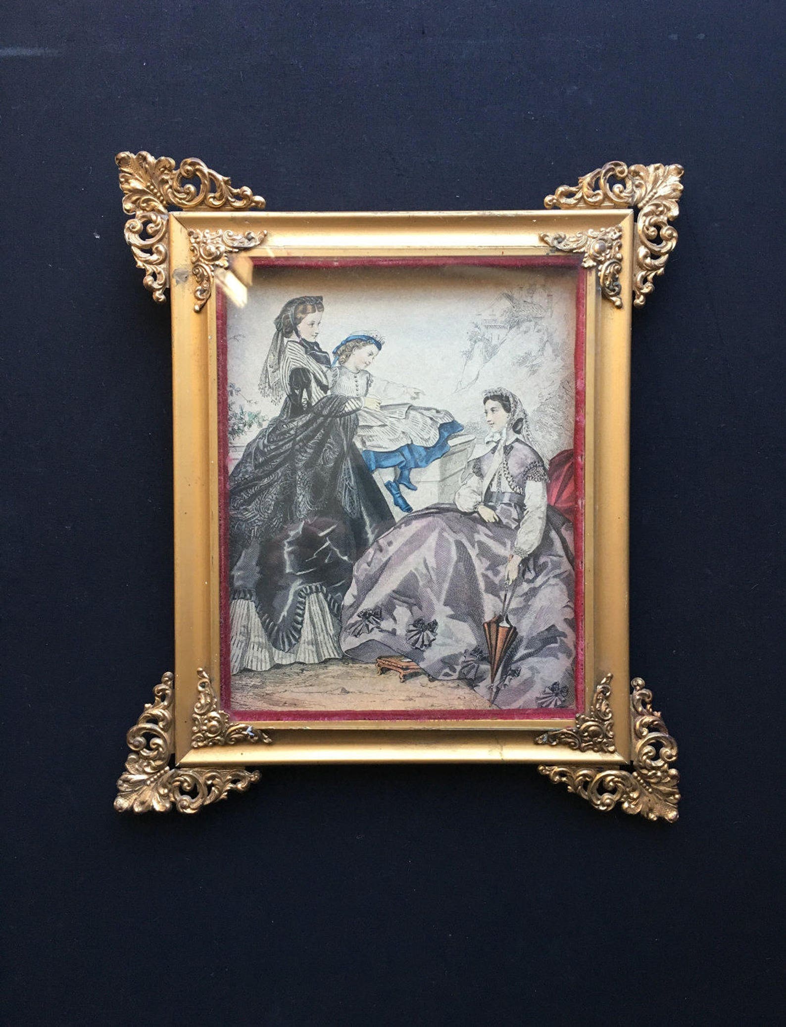 Antique Ladies Victorian Lithograph Print Featuring Velvet Lined Gold