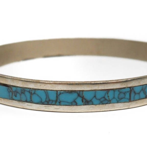 Vintage Silver Tone Southwestern Turquoise Style Mexican Designer Bangle Bracelet Featuring Tribal Inspired Design