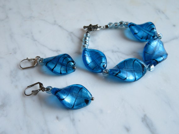 Vintage Caribbean Blue Art Glass Designer Bracele… - image 1
