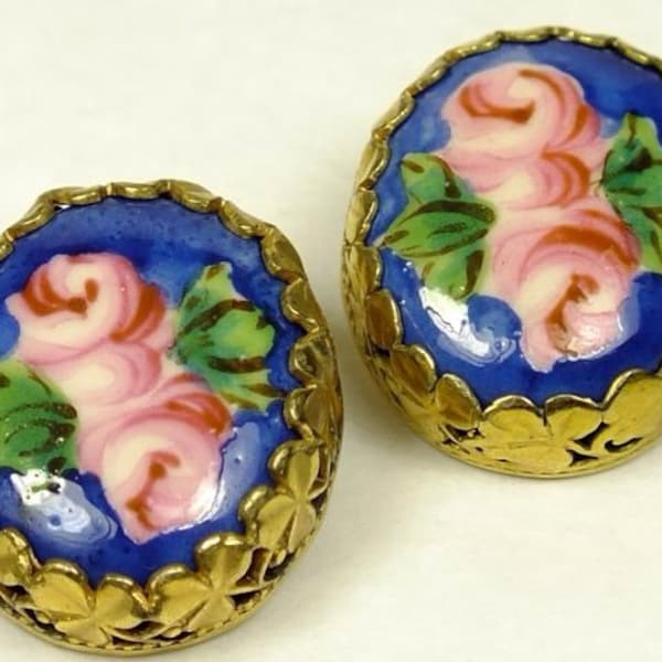 Beautiful Vintage Designer Floral Decoupage Button Style Earrings Featuring Gold Tone Base with Pink Roses on a Blue Backing