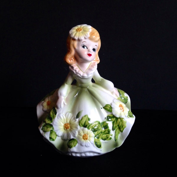 Vintage Porcelain Collectable Relpo 6081 Stamped Woman Figurine Planter Featuring Victorian White Daisy Floral Dress With Garden Accents