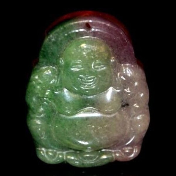 Beautiful Vintage Chinese Treated Jade Buddha Artwork Necklace Pendant Featuring Vivid Hues of Brown, Green & Lavender