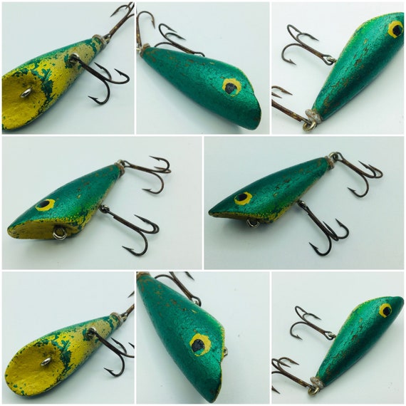 Vintage Unsigned Reflective Green & Yellow Wooden Fishing Lure Featuring  Original Double Hook Design -  Norway