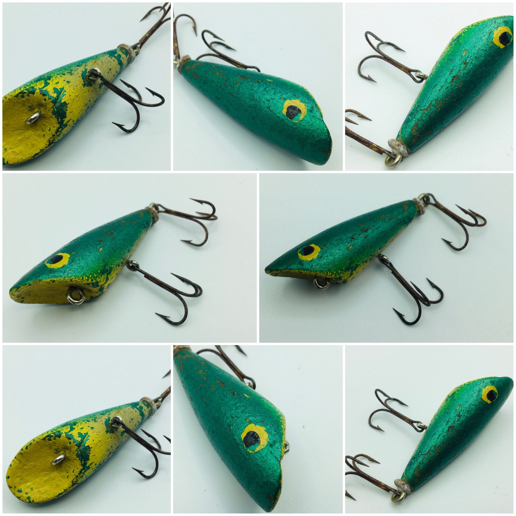 Vintage Unsigned Reflective Green & Yellow Wooden Fishing Lure Featuring  Original Double Hook Design 