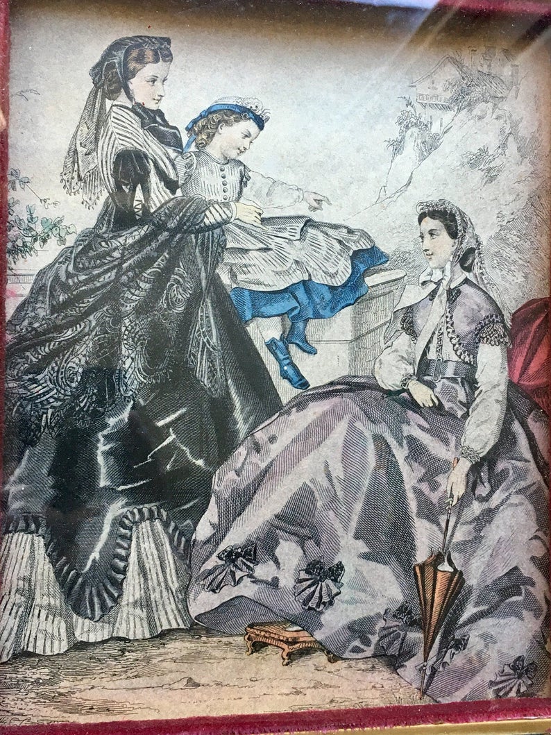 Antique Ladies Victorian Lithograph Print Featuring Velvet Lined Gold