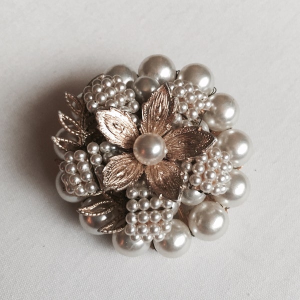 Vintage Silver & Gold Tone Floral Creamy Pearl Beaded Designer Brooch Pin Featuring Multilayered Design