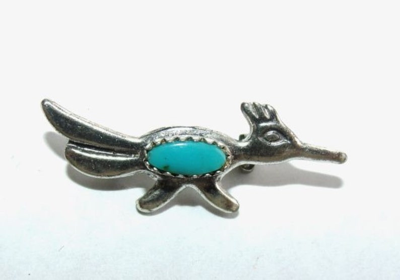 Beautiful Vintage Designer Southwestern Styled Roadrunner Turquoise Brooch Featuring Lovely Detailed Design image 1